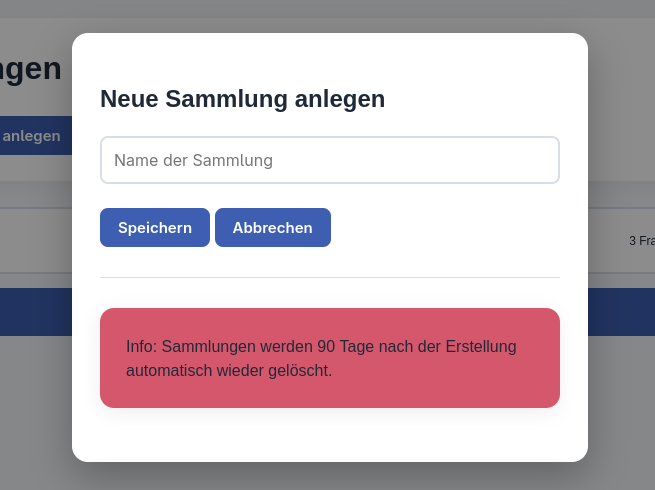 Popup zum Anlegen einer Sammlung
